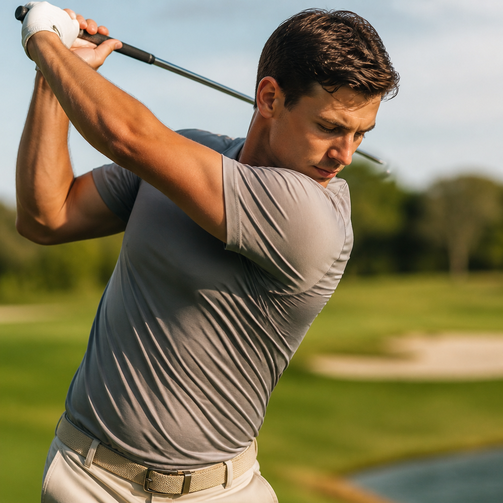 Golfer at the top of their backswing showing shirt stretch